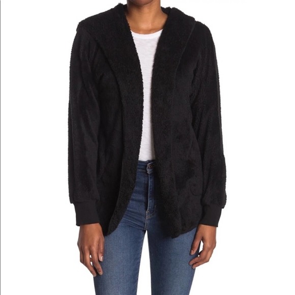 Forgotten Grace Faux Shearling Open Front Cardigan In Black Medium - Picture 1 of 6